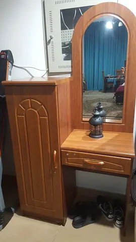 Wooden dressing table with mirror and storage cabinet