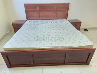Wooden Double Bed Frame with Mattress and Matching Nightstands