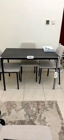 Compact 4-Seater Dining Table with Chairs - Black Top, Light Grey Upholstery