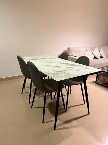 (perfect condition!) Home Center, modern marble-like glass top dining table with 4 chairs
