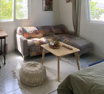 L-Shaped Sofa / Chaise Lounge, Wooden table, pouf and rug