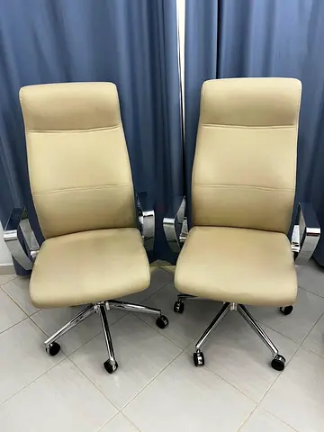 Pair of beige high-back office chairs with wheels - EbbFlow