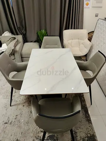 Modern White Marble Effect Dining Table with 4 Upholstered Chairs