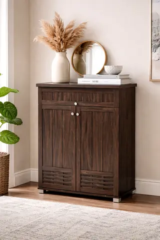 Walnut Color Shoe Cabinet with Drawer - 2 Door Wooden Shoe Organizer with 4 Shelves