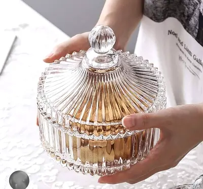 Glass Candy Jar with Lid - Decorative Storage Bowl