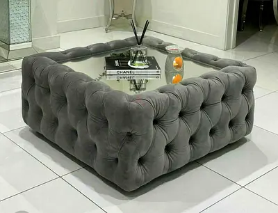 Tufted Velvet Square Coffee Table with Glass Top - Grey