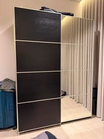 Sliding Wardrobe with Mirror, Dark Wood Finish
