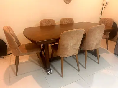 Solid Wood Dining Table with 6 Upholstered Chairs - Good Condition