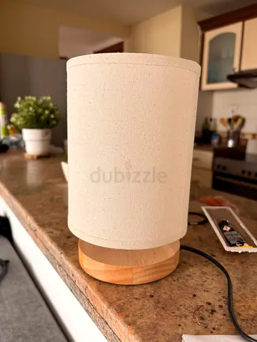 Small Wooden Base Table Lamp with Beige Fabric Shade