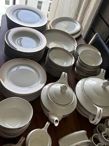 White porcelain dinnerware set with serving pieces - good condition