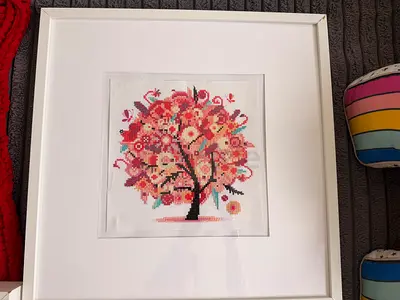 Framed Cross-Stitch Floral Tree Artwork