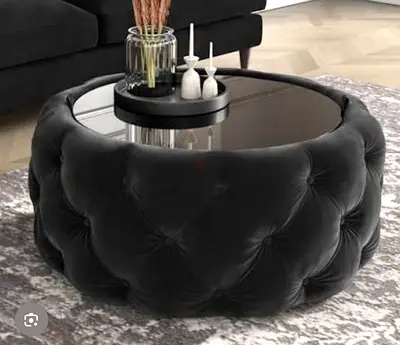 Round Tufted Ottoman Coffee Table with Glass Top - Black
