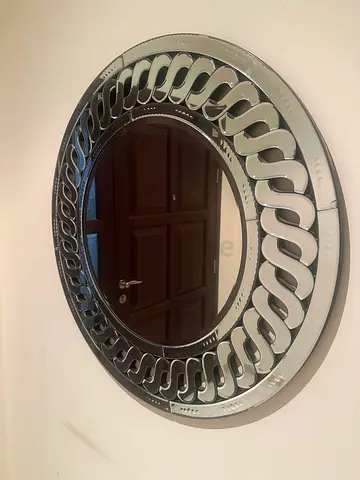 Large Decorative Round Wall Mirror with Patterned Beveled Frame