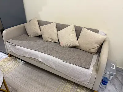 3-seater fabric sofa with cushions - light beige, good condition