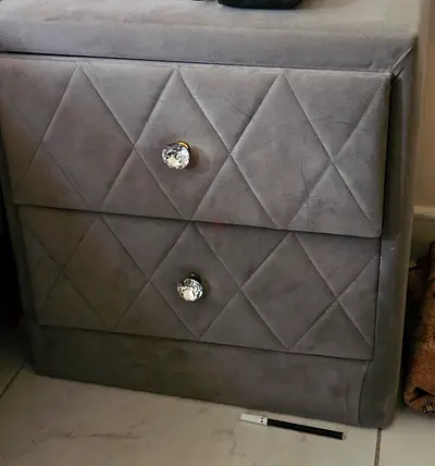 Grey Velvet 2-Drawer Bedside Table with Crystal Handles