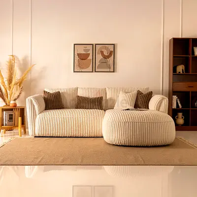 4 seater ribbed fabric round L shaped sofa