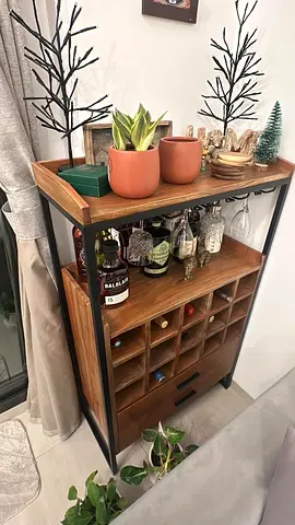 Solid Wood and Metal Wine Rack Bar Cabinet with Shelves