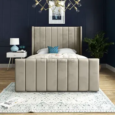 Upholstered King Size Bed Frame with Tall Padded Headboard