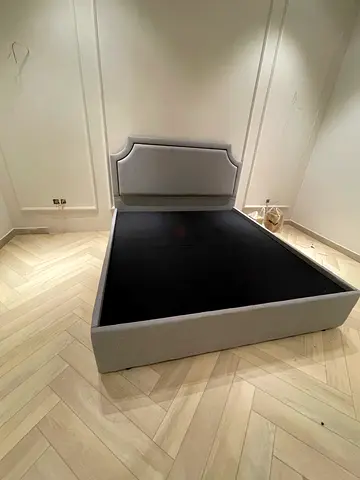 Grey upholstered double bed frame with headboard - good condition