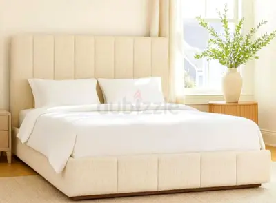 Queen size upholstered bed frame with padded headboard - cream