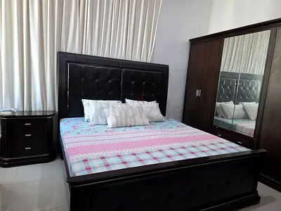 Dark Wood King Bed with Headboard, Matching Wardrobe and Nightstand - Good Condition