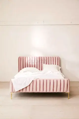 Pink Velvet Bed Frame with Gold Legs - Queen