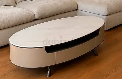 Oval modern coffee table with storage and marble top