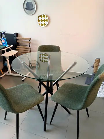 Glass Top Round Dining Table with 4 Green Fabric Chairs - great Condition