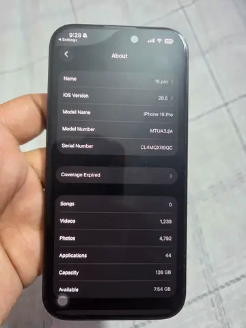 IPHONE 15 PRO 128 GB EXCELLENT CONDITION WITH BILL BOX DATA CABLE AND 4 BACK COVERS 88 % BATTERY