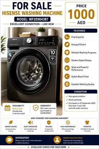 Hisense 9kg Front Load Washing Machine WF3S9043BT - Like New, Under Warranty