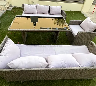 Rattan Outdoor Dining and Lounge Set with Glass Top Table