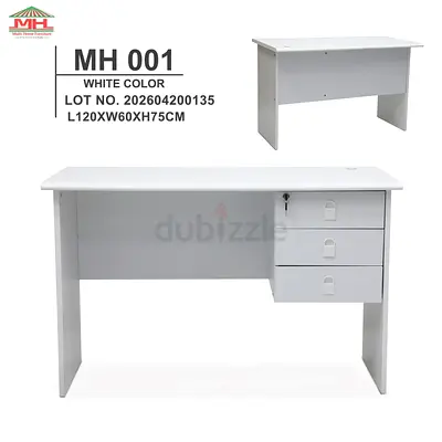 White Office Desk with 3 Drawers — 120x60x75 cm
