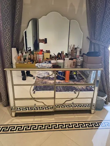 Glass and Mirrored Vanity Dresser with Three-Panel Mirror including king sizemasterbed