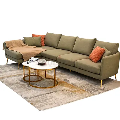 Modern L-shape sofa set with coffee tables and carpet