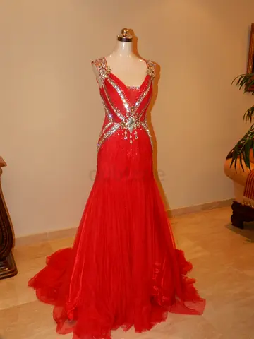 Red embellished evening gown / prom dress, size likely medium