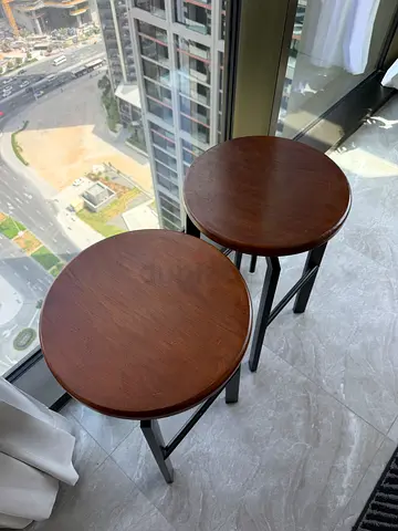 Set of 2 Industrial Bar or Dinning Stool Height Adjustable Swivel Top Solid Wood  Metal Base