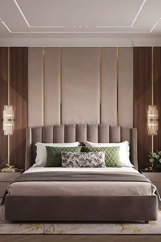 Queen size upholstered bed with padded headboard - grey