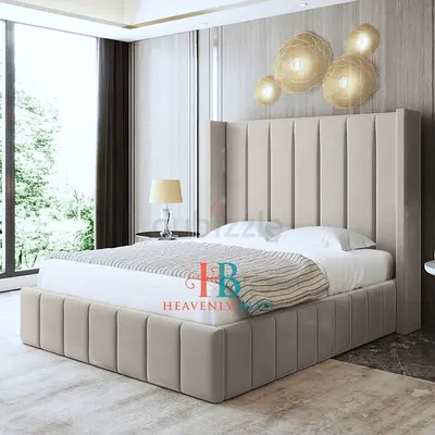 King Size Upholstered Platform Bed with Tall Padded Headboard - Beige