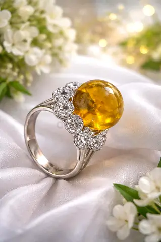 Sterling Silver Ring with Amber Orb and Cubic Zirconia Accents