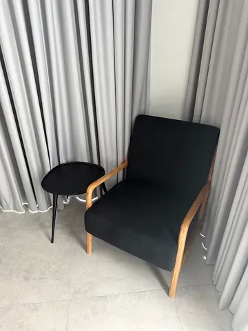 Black Fabric Armchair with Light Wood Frame