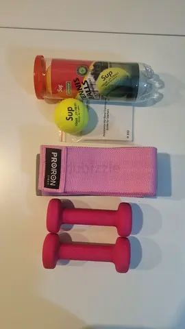 Light Pink Neoprene Dumbbells Pair 1kg each + Resistance Loop Band and Tennis Balls - Good Condition