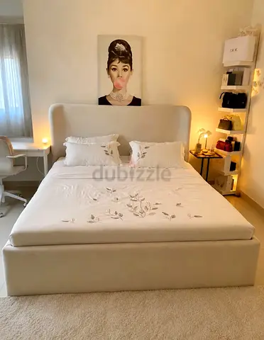 Beige Upholstered Queen Bed with Headboard - Good Condition