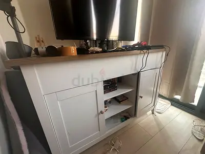 White TV Console Cabinet with Oak Top — Good Condition