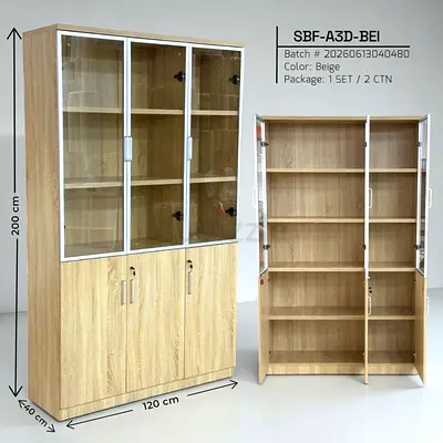 Wooden 3-Door Display Cabinet with Glass Upper Doors - Beige, 200cm H