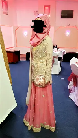 Traditional embroidered pink and gold jacket style shirt with sharara and 2 duappatas.