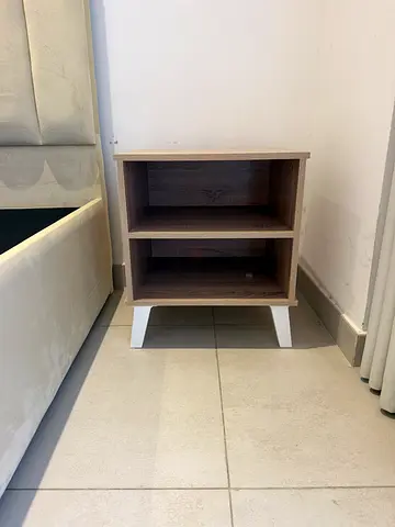 Small wooden bedside table / nightstand with open shelves