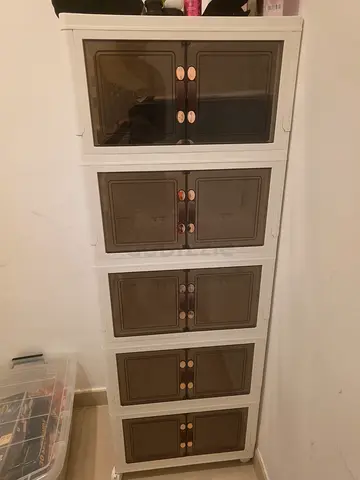 Modern 5-Tier White Storage Cabinet with Tinted Plastic Doors