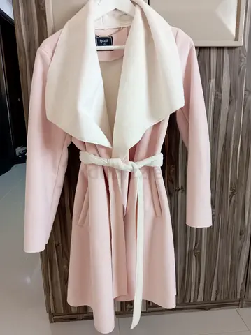 Size 38,Light pink womens belted wool blend coat with cream collar, size S