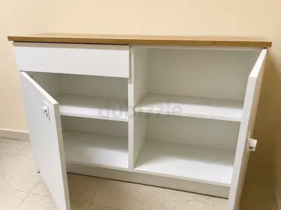 White Wooden Sideboard Cabinet with Oak Top AGO— Good Condition