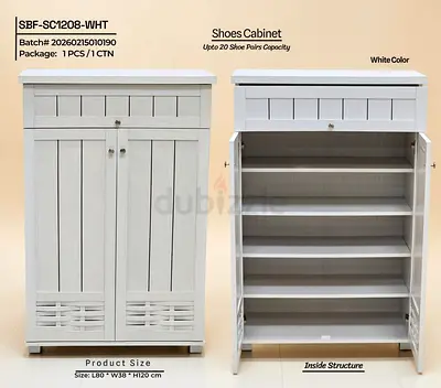 White Wooden Shoe Cabinet with 4 Shelves - Holds up to 20 Pairs